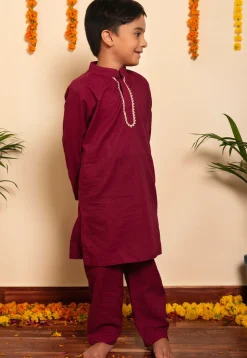 Plain Cotton Kurta Set in Wine