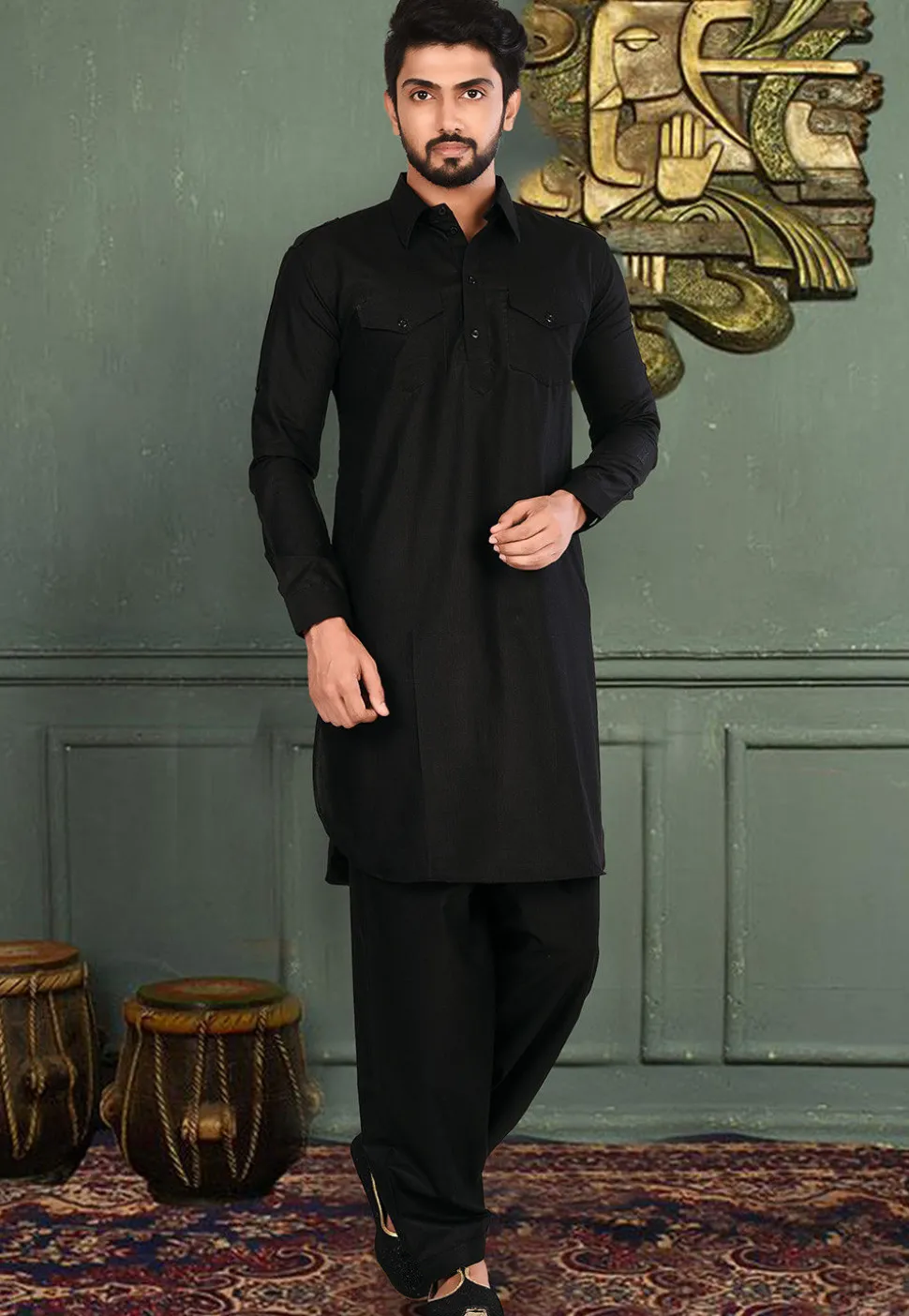 Plain Cotton Linen Pathani Suit in Black