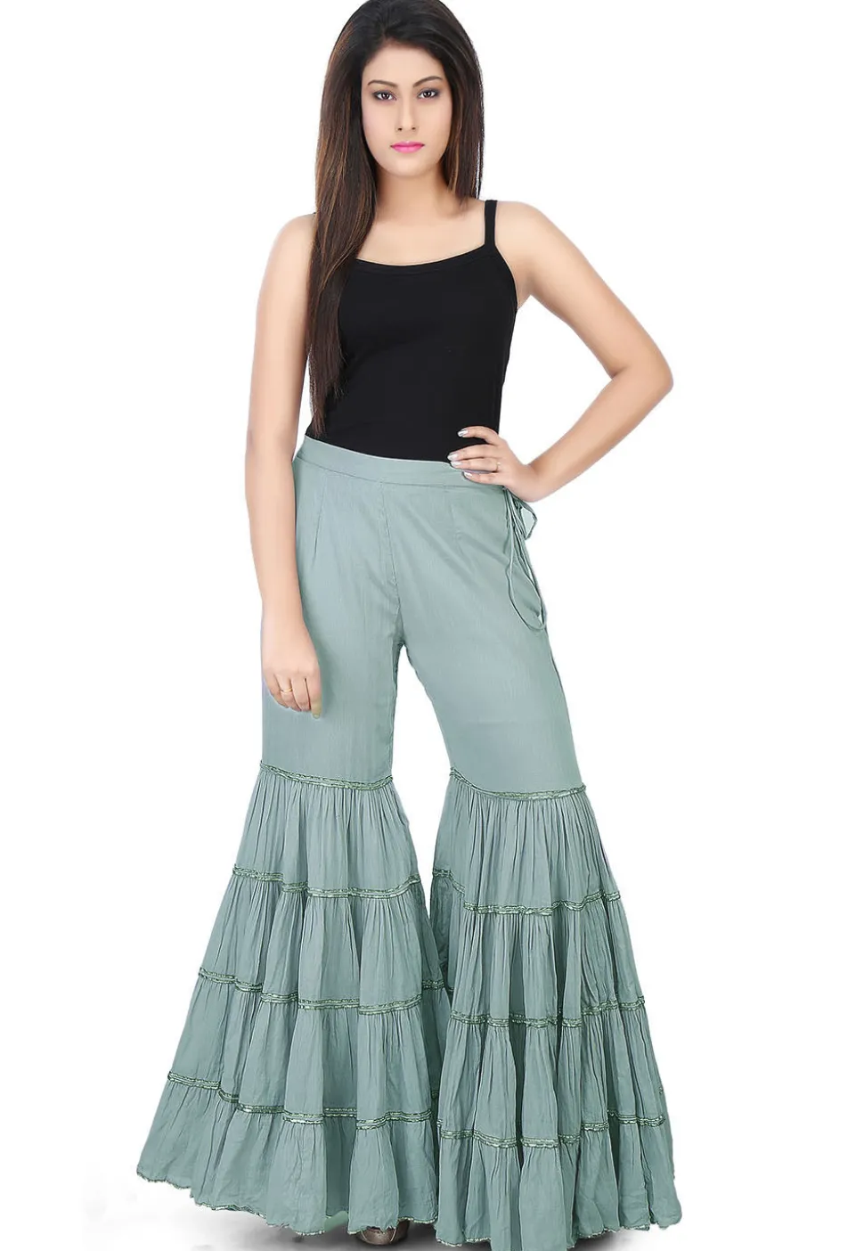 Plain Cotton Mulmul Sharara Style Pant in Grey