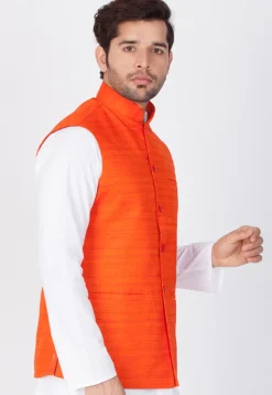 Plain Cotton Nehru Jacket in Orange