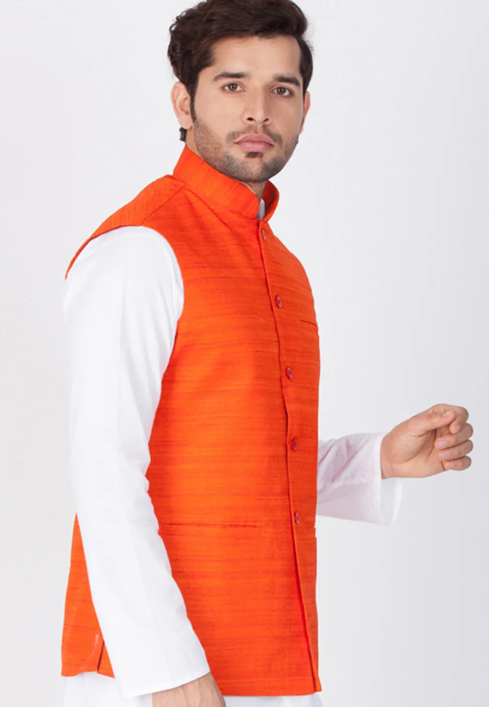 Plain Cotton Nehru Jacket in Orange
