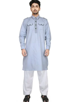 Plain Cotton Pathani Suit in Light Blue