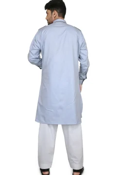 Plain Cotton Pathani Suit in Light Blue