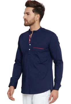 Plain Cotton Short Kurta in Navy Blue