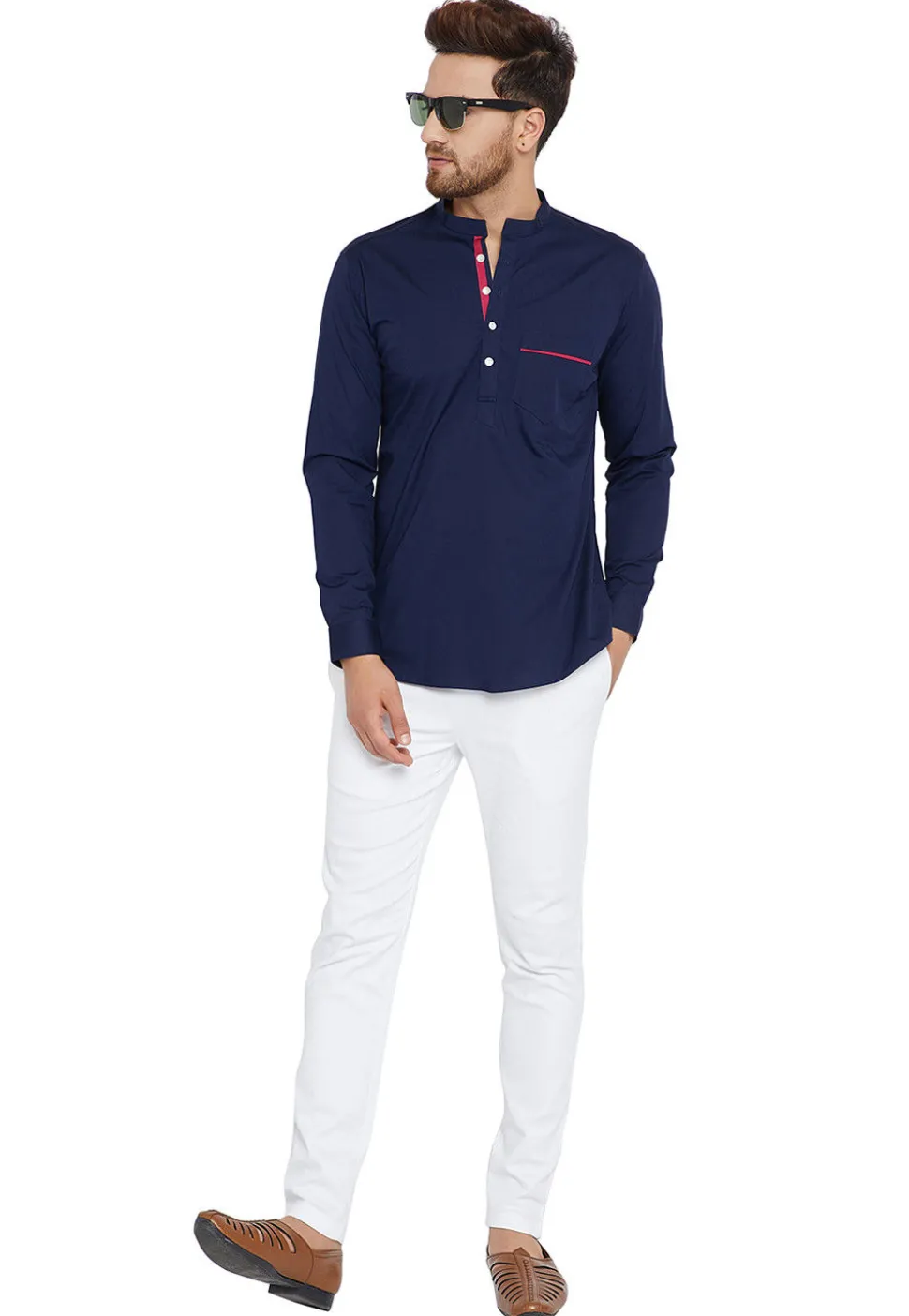Plain Cotton Short Kurta in Navy Blue