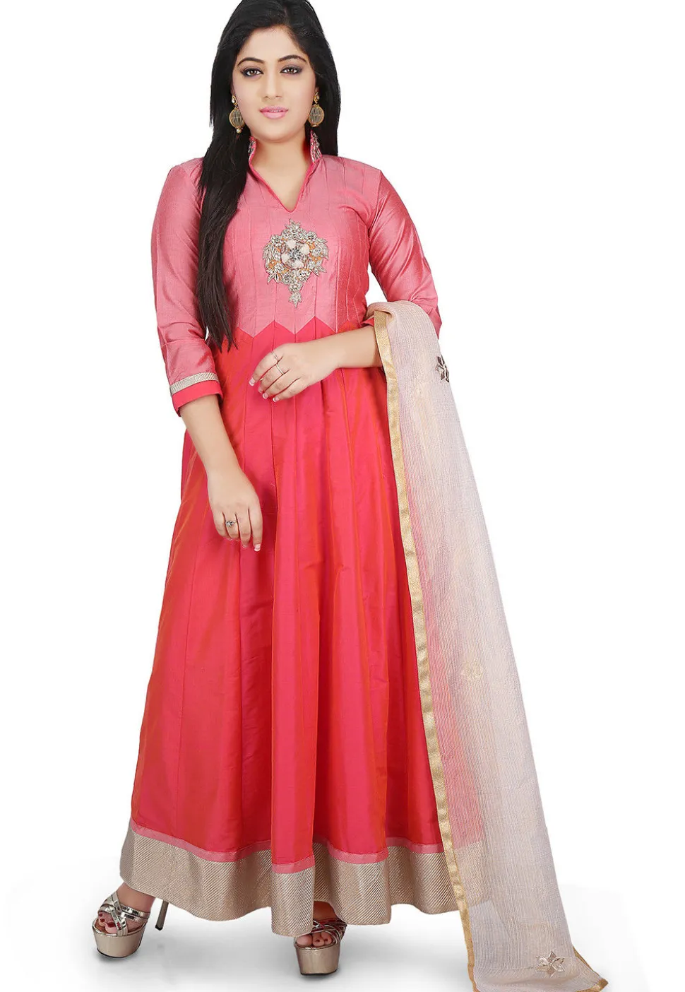 Plain Cotton Silk Abaya Style Suit in Fuchsia and Coral