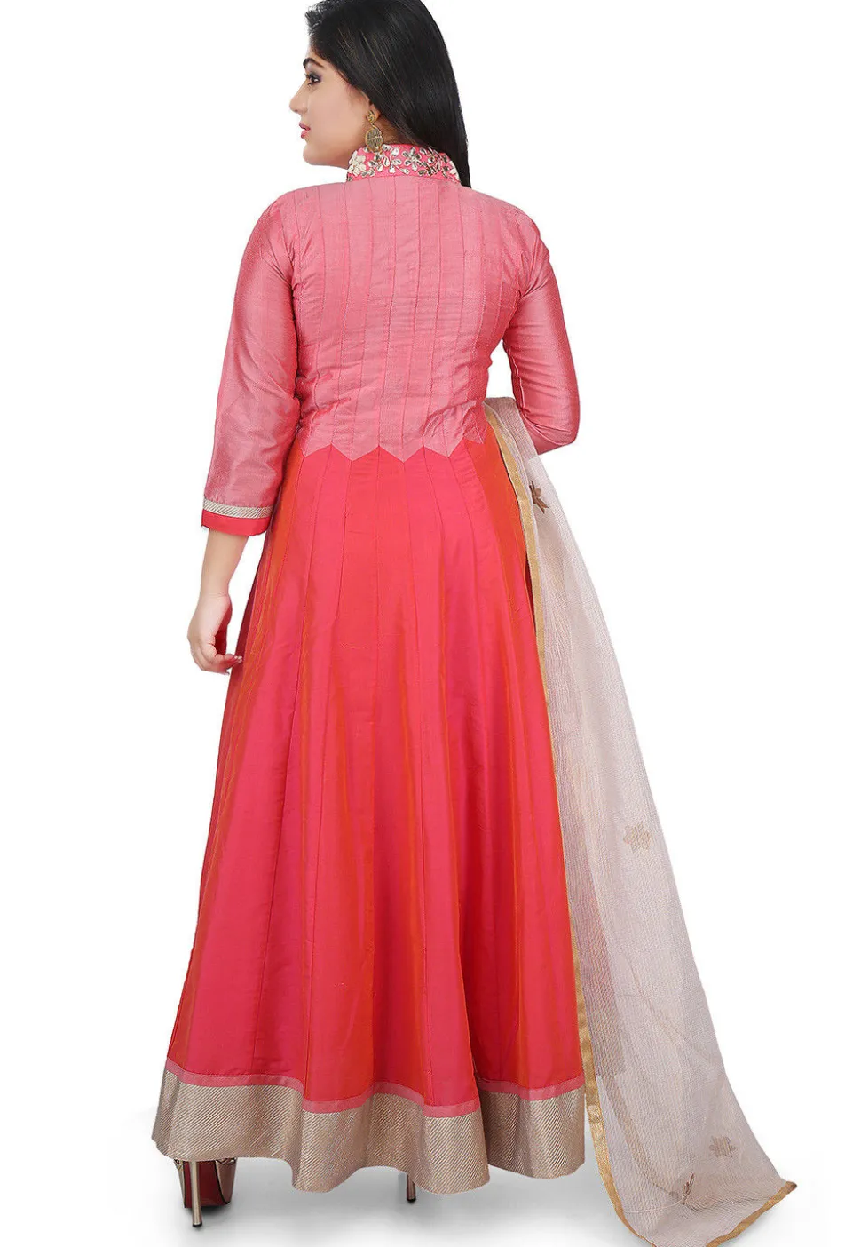 Plain Cotton Silk Abaya Style Suit in Fuchsia and Coral