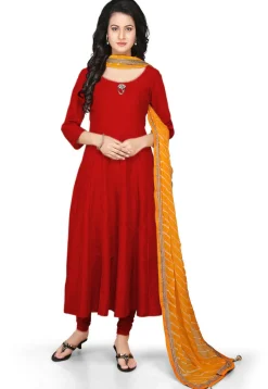 Plain Cotton Silk Anarkali Suit in Red