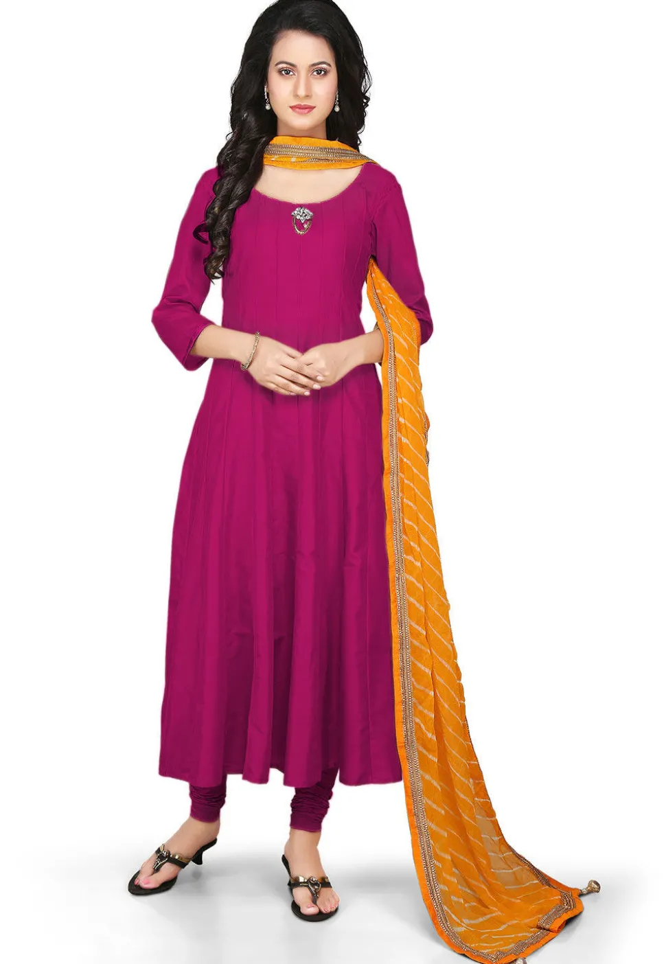 Plain Cotton Silk Anarkali Suit in Magenta