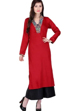 Plain Cotton Silk and Art Silk Brocade Long Kurta in Maroon