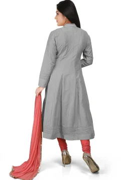 Plain Cotton Silk Angrakha Style Anarkali Suit in Grey