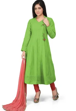 Plain Cotton Silk Angrakha Style Anarkali Suit in Light Green