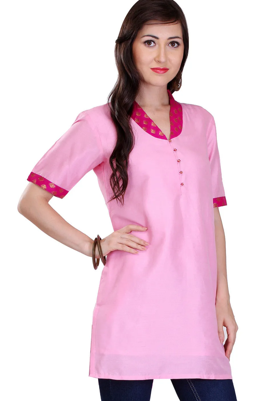 Plain Cotton Silk Kurti in Pink