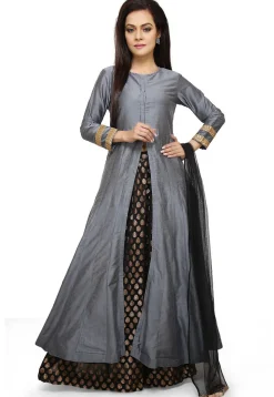 Plain Cotton Silk Lehenga in Grey and Black