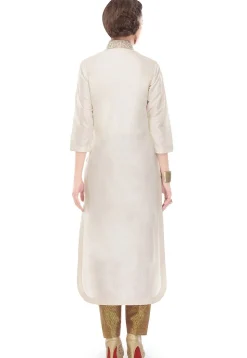Plain Cotton Silk Long Kurta in Off White