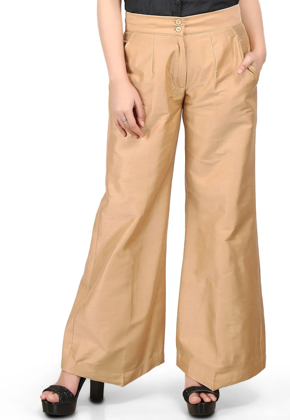 Plain Cotton Silk Palazzo Pant in Beige