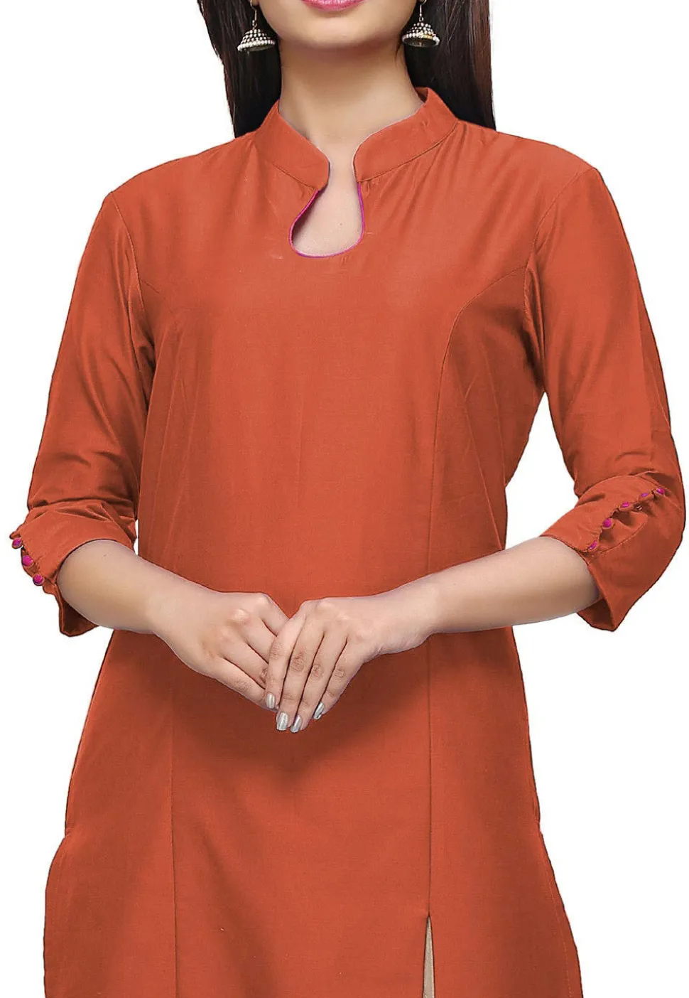 Plain Cotton Silk Side Slit Kurta in Rust