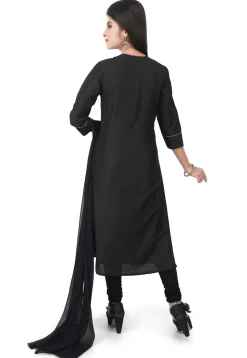 Plain Cotton Silk Straight Suit in Black