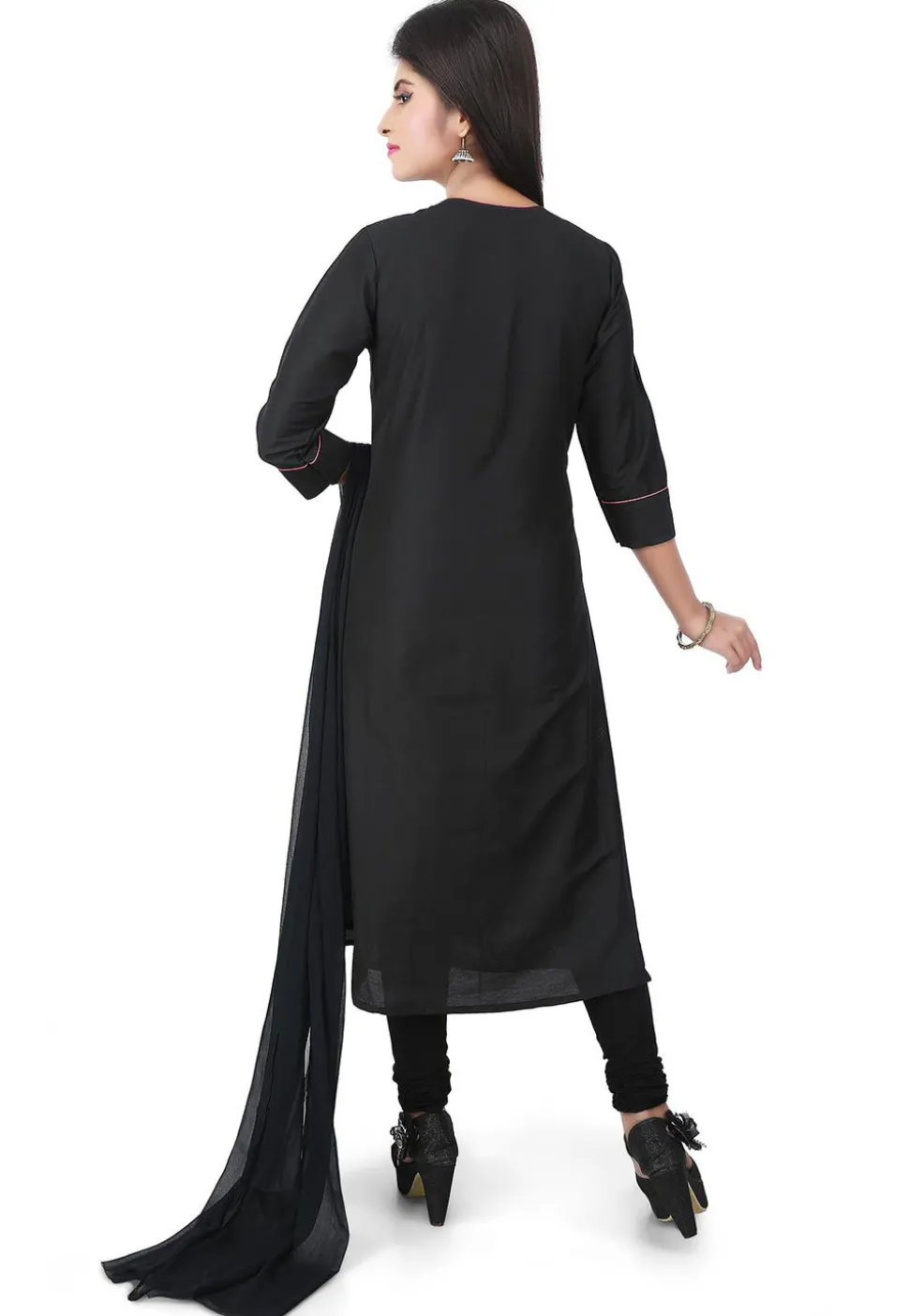 Plain Cotton Silk Straight Suit in Black