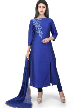 Plain Cotton Silk Straight Suit in Royal Blue