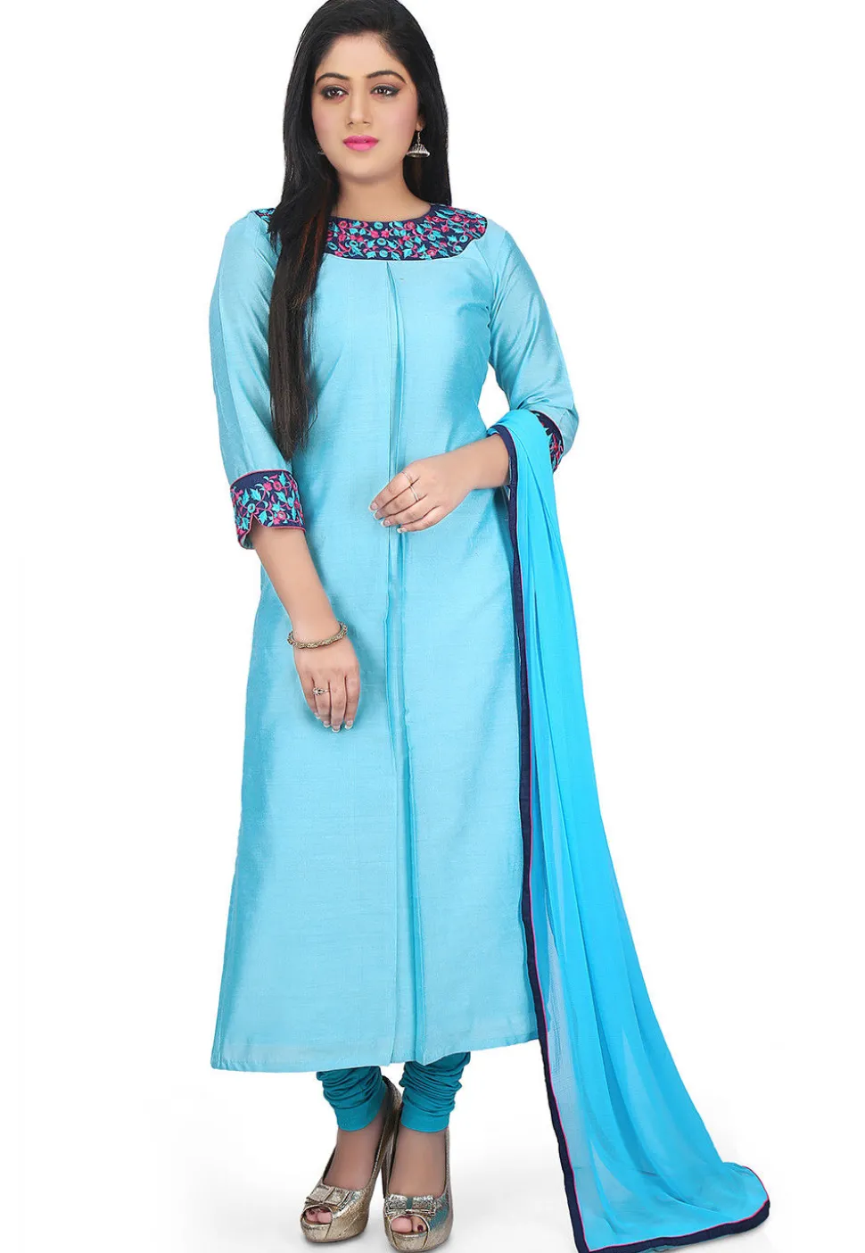 Plain Cotton Silk Straight Suit in Sky Blue