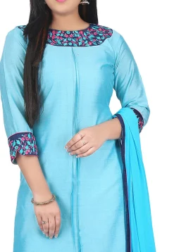 Plain Cotton Silk Straight Suit in Sky Blue