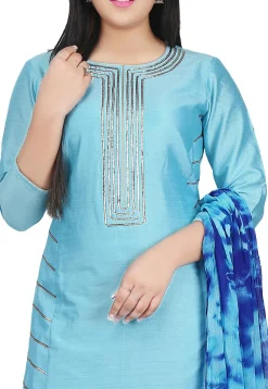 Plain Cotton Silk Straight Suit in Sky Blue