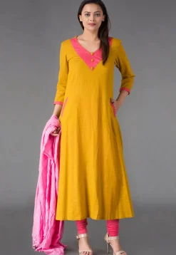 Plain Cotton Slub A Line Suit in Mustard