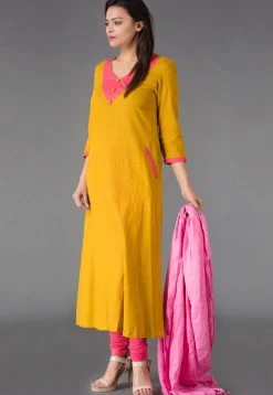 Plain Cotton Slub A Line Suit in Mustard