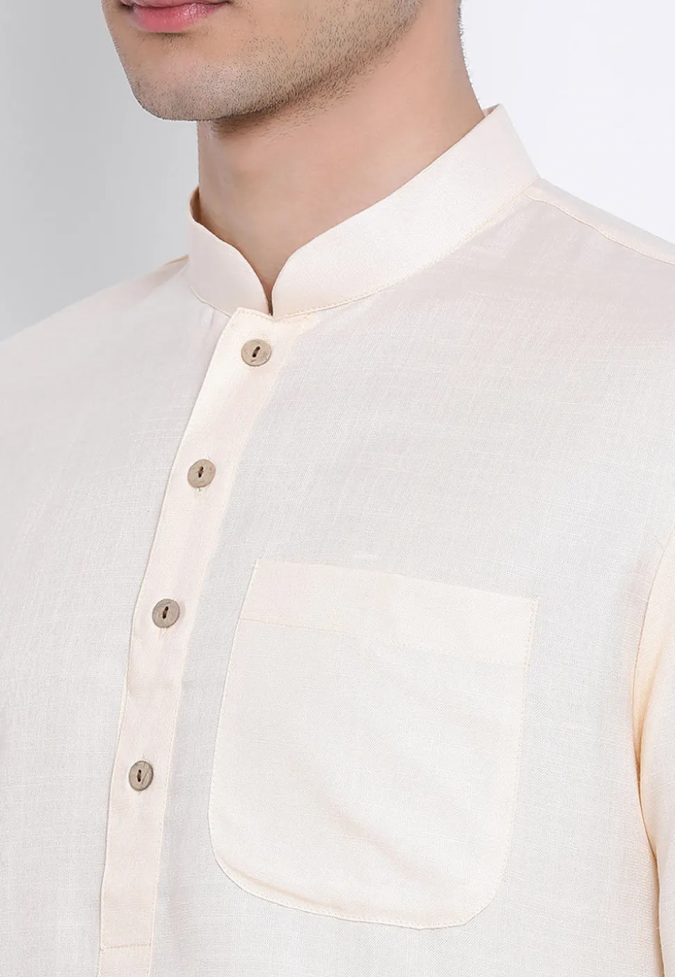 Plain Cotton Slub Kurta Set in Light Beige