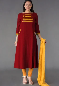 Plain Cotton Slub Straight Suit in Maroon