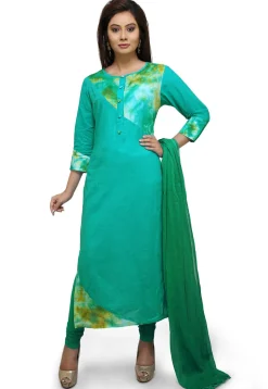 Plain Cotton Straight Suit in Sea Green