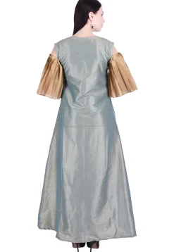 Plain Dupion Silk A Line Dress in Teal Blue
