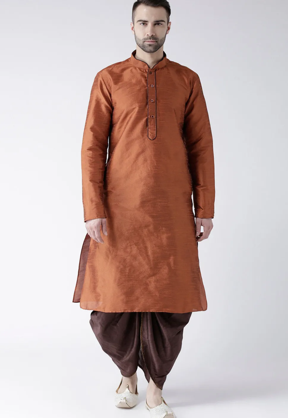 Plain Dupion Silk Dhoti Kurta in Rust