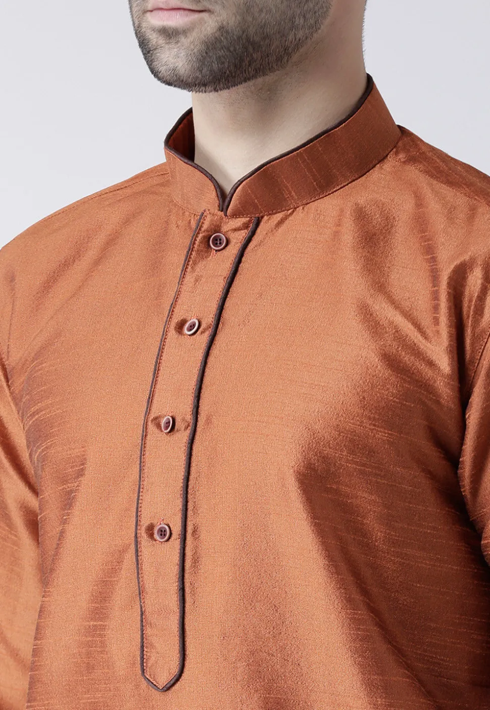 Plain Dupion Silk Dhoti Kurta in Rust