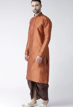 Plain Dupion Silk Dhoti Kurta in Rust