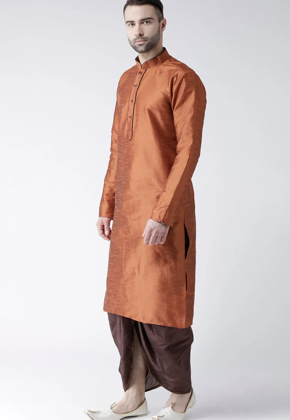 Plain Dupion Silk Dhoti Kurta in Rust