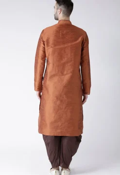 Plain Dupion Silk Dhoti Kurta in Rust