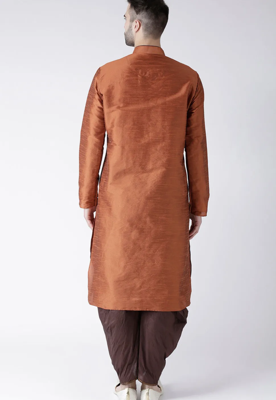 Plain Dupion Silk Dhoti Kurta in Rust