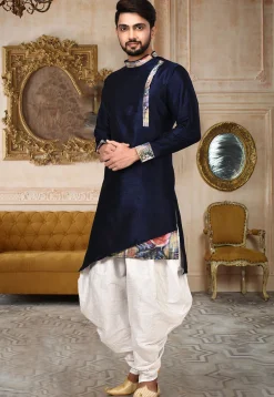 Plain Dupion Silk Dhoti Kurta in Navy Blue