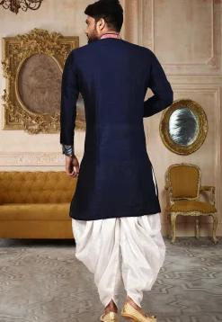 Plain Dupion Silk Dhoti Kurta in Navy Blue