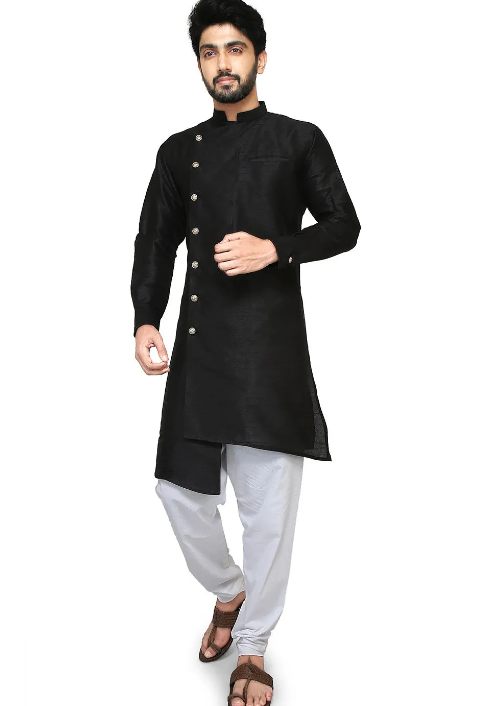Plain Dupion Silk Jodhpuri Suit in Black