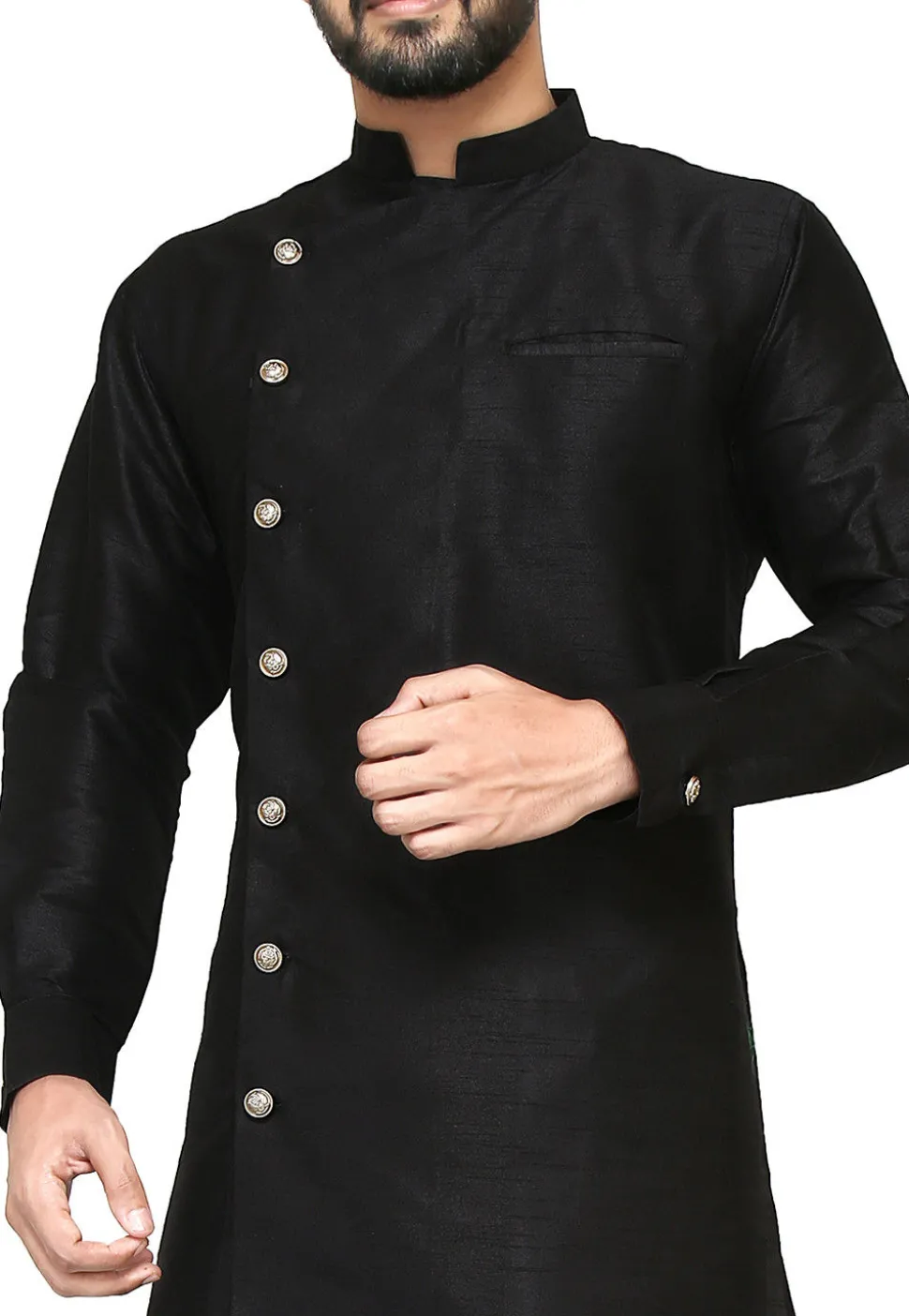 Plain Dupion Silk Jodhpuri Suit in Black