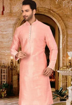 Plain Dupion Silk Kurta in Peach