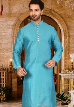 Plain Dupion Silk Kurta in Sky Blue
