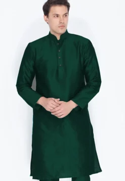 Plain Dupion Silk Kurta in Dark Green