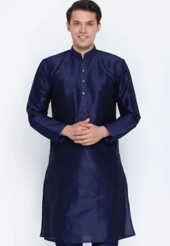 Plain Dupion Silk Kurta in Navy Blue