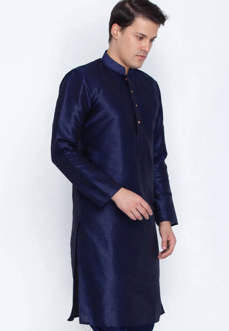 Plain Dupion Silk Kurta in Navy Blue