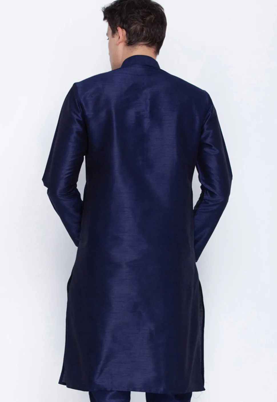 Plain Dupion Silk Kurta in Navy Blue