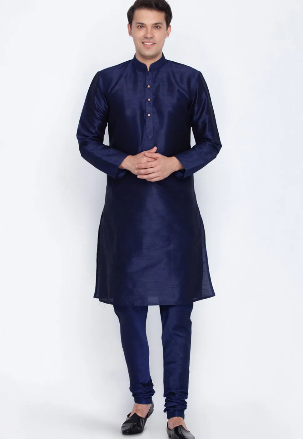 Plain Dupion Silk Kurta in Navy Blue